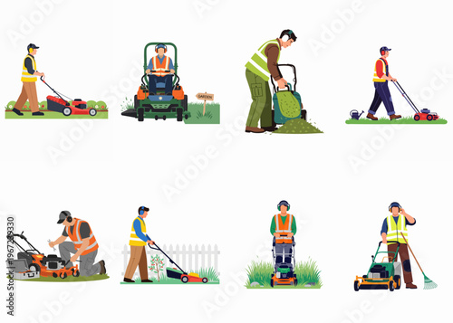 Set of flat vector illustrations depicting professional gardeners and landscapers performing lawn maintenance tasks with various mowers and tools on white background.