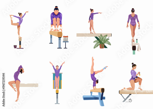 Flat vector illustration set of female gymnasts performing various athletic routines, poses, and celebrations on the balance beam in purple leotards.