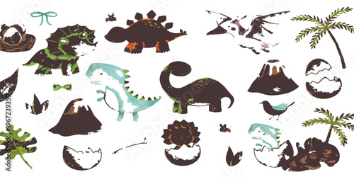 Funny cartoon collection of cute dinosaur silhouettes and animal vector icons featuring a black monster design and nature art patterns