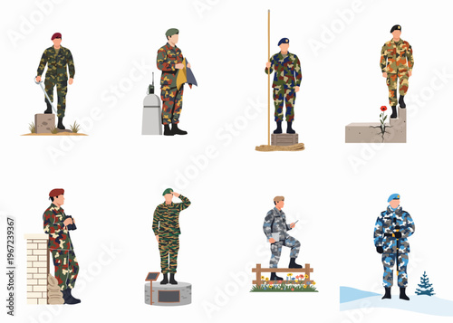 A set of eight flat vector illustrations showing soldiers in various camouflage uniforms and diverse military roles on a white background.
