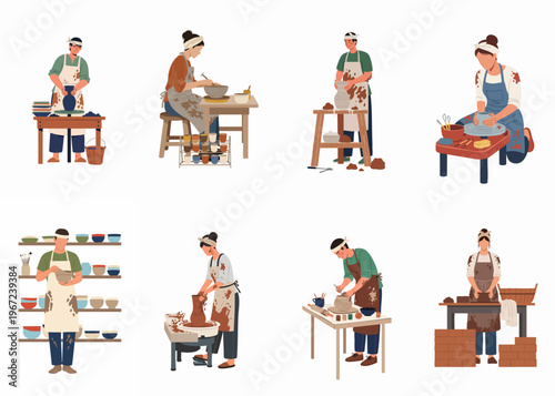 Set of diverse potters and ceramic artists creating handmade clay pottery, including vases and bowls, in various workshop settings using pottery wheels and tables.