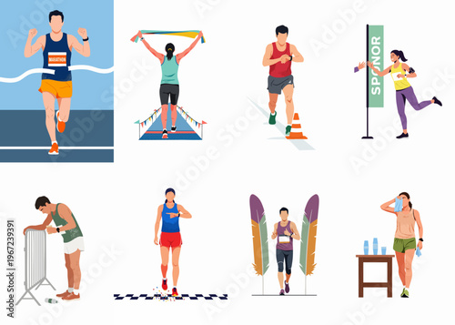 Vector illustration set featuring men and women participating in a marathon race, crossing the finish line, celebrating, and resting at hydration stations.