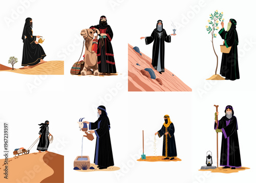 Set of illustrations depicting Bedouin women in traditional attire performing various daily activities in a desert landscape environment.