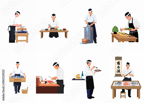 Collection of various Japanese sushi chefs illustrations performing traditional tasks like cutting fish, plating sushi, and sharpening knives on a white background.