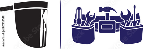 Dual-tone vector icons featuring a protective face shield and a loaded tool belt. These graphics represent occupational safety, construction preparation, and professional manual labor.