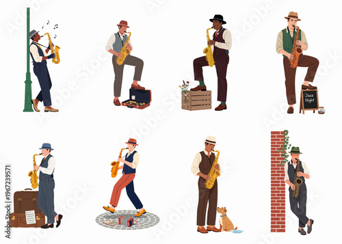 Collection of flat vector illustrations featuring diverse male street musicians playing saxophone in vintage attire, isolated on white background.