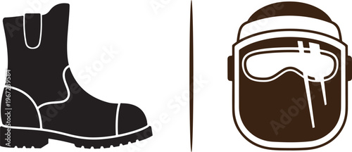 A minimalist vector illustration of personal protective equipment (PPE) featuring a heavy-duty safety work boot and a full-face protective shield for industrial and construction safety.