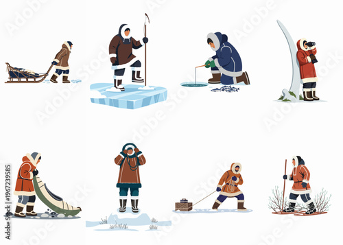 Diverse Collection of Flat Vector Illustrations Depicting Traditional Inuit Life, Arctic Hunting, Fishing, and Daily Activities in Snowy Environments
