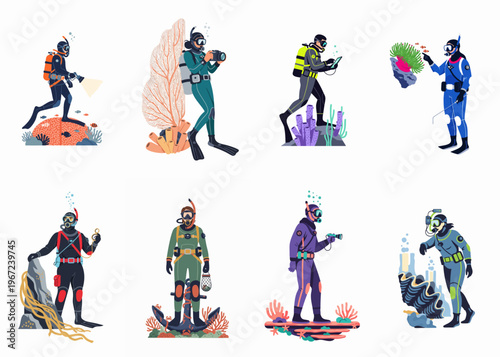 Flat illustration set of scuba divers in wetsuits and snorkeling gear exploring underwater marine life, corals, and ocean floor treasures.