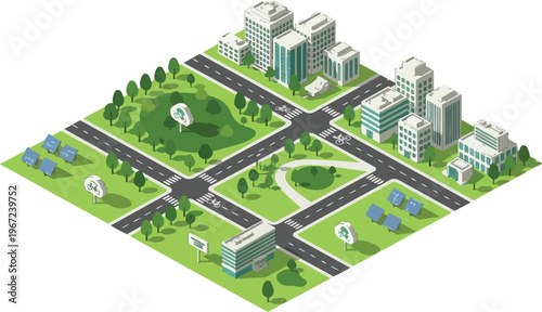 Isometric Smart Green City Concept with Solar Panels, Parks, and Bike Lanes for Sustainable Urban Planning