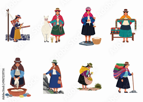Flat vector illustrations of Peruvian women in traditional Andean dress performing cultural activities like weaving, spinning, and walking with a llama.