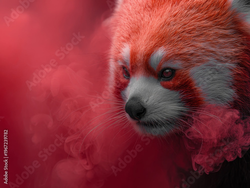 Captivating Close-Up of Red Panda in Vibrant Red Smoke: Majestic Wildlife Portrait in Tropical Forest