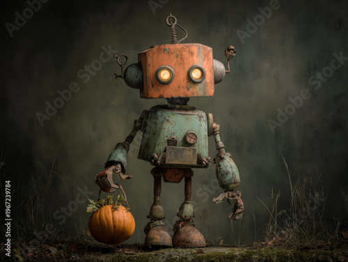 Whimsical Steampunk Pumpkin Robot: A Vintage Fusion of AI and Autumn Decor