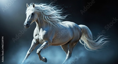 Majestic white horse running against a dark background with flowing mane