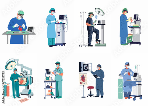 Set of eight illustrations featuring surgeons and medical specialists performing advanced cardiac surgeries and procedures with high-tech medical equipment.