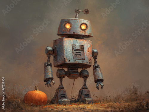 Steampunk Robot with Pumpkin: Whimsical Autumn Fantasy Illustration for Halloween and Fall Season 