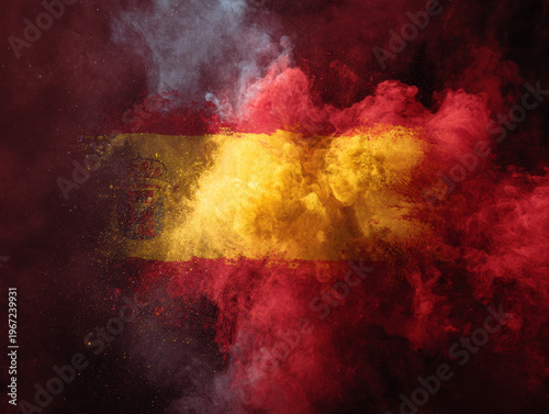 Vibrant Spanish National Symbol: Dynamic Red and Yellow Flag in Smoke and Powder Display
