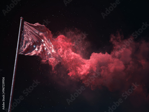 Dramatic Red Flag Against Night Sky with Billowing Smoke: Captivating Visuals and Iconic Symbolism in Artistic Photography