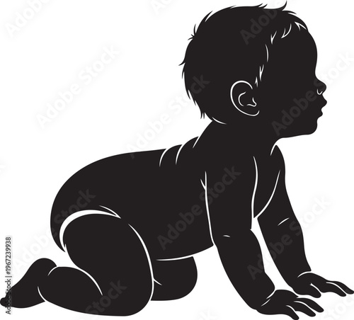 Black silhouette of baby crawling on hands and knees