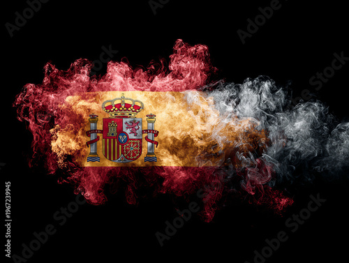 Artistic Smoky Aesthetic Spanish Flag: Emblematic Design with Royal Coat of Arms on Black Background