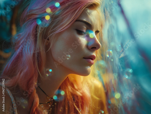 Dreamy Portrait of Young Woman with Pink Hair in Ethereal Bokeh: An Artistic and Mystical Fantasy in Soft, Serene Light