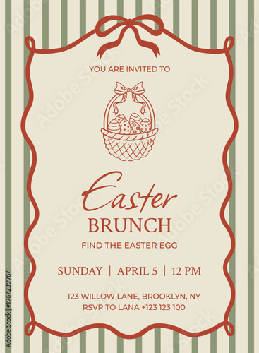Invitation to Easter Brunch. Ribbon bow frame. Vector  illustration in a coquette style. Basket with eggs doodle.