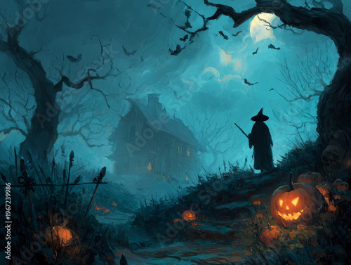 Spooky Halloween Night Scene: Witch and Haunted House in Moonlit Forest with Eerie Magic and Creepy Jack-o-Lanterns