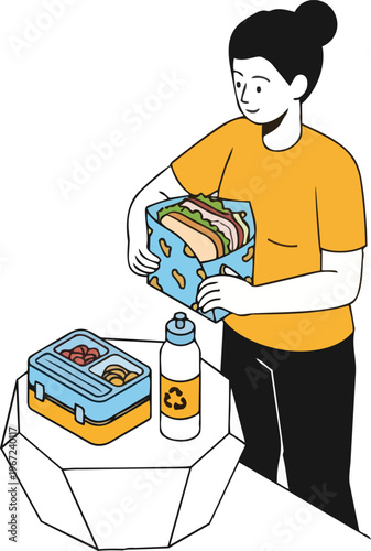 Young Woman Packing Eco-Friendly Lunch with Reusable Beeswax Wrap, Bento Box, and Recyclable Water Bottle for a Sustainable Zero Waste Lifestyle