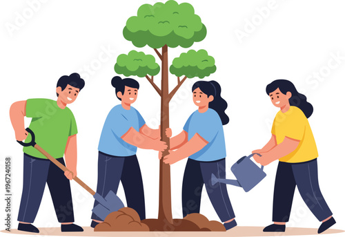 People Planting a Tree Together Illustration for Environmental Conservation, Teamwork, and Sustainability Concept