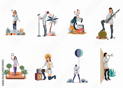 Collection of illustrations featuring a stylish female singer in a silver sequined dress and black thigh-high boots, performing in various desert-inspired settings.