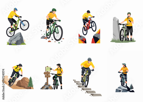 Collection of Eight Flat Vector Illustrations Showing Male and Female Mountain Bikers in Action Poses and Scenic Outdoor Settings