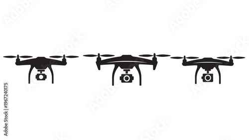 Drones with cameras, three variations of black silhouette icons showcasing aerial photography technology.