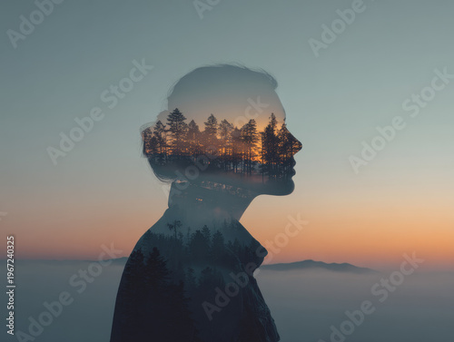 Double Exposure Silhouette: Forest Inside the Mind at Sunset - A Creative Photography Journey into Wilderness Reflection and Nature Connection
