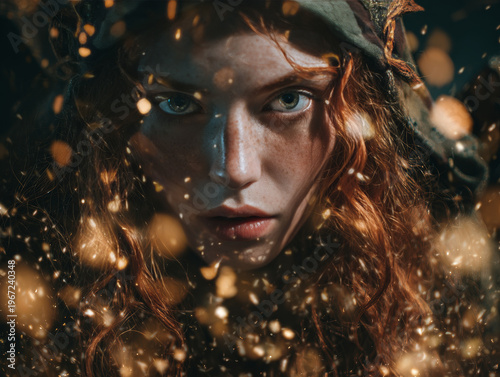 Enchanting Red-Haired Woman in Fairy Tale Fantasy Portrait with Dramatic Lighting and Glowing Particles