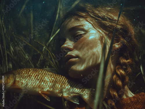 Enchanting Underwater Portrait of Redhead Woman with Braids: A Serene Fusion of Nature and Aquatic Tranquility