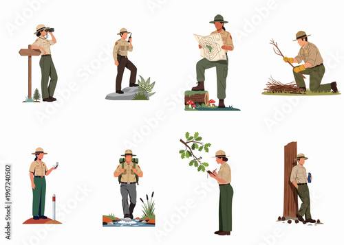 Collection of flat vector illustrations featuring park rangers in uniform performing various outdoor duties, from wildlife observation to trail navigation.