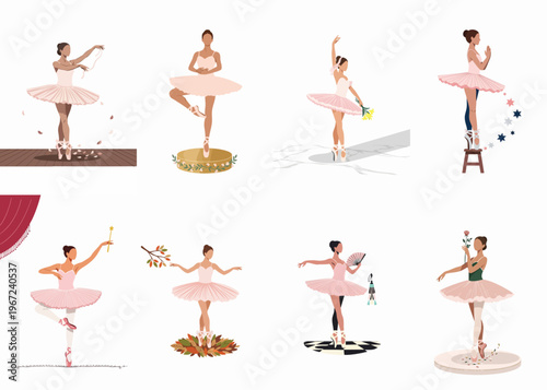 Collection of graceful ballerinas in various poses and costumes, featuring tutus, pointe shoes, and different thematic backgrounds for artistic and creative projects.