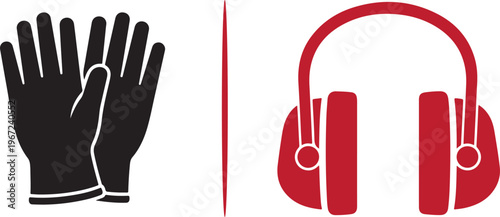 Vector icons of personal protective equipment featuring black industrial work gloves and red ear muffs for hearing protection. Ideal for workplace safety and health compliance themes.