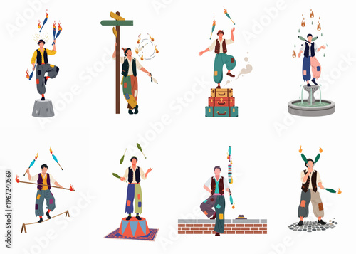 A collection of vintage-style male jugglers and fire performers in colorful patched clothing practicing various circus stunts in different settings.
