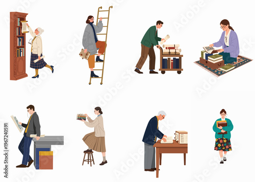 Set of illustrations depicting diverse people reading, organizing books, and conducting research in a library, archive, or bookstore environment.
