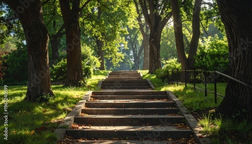 A serene pathway lined with trees and steps leading into the distance