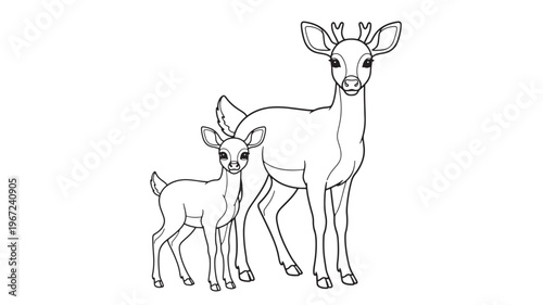 Deer mother and fawn standing together in a simple black and white line art illustration on a plain background.