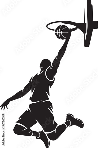 Black silhouette of basketball player dunking ball through hoop