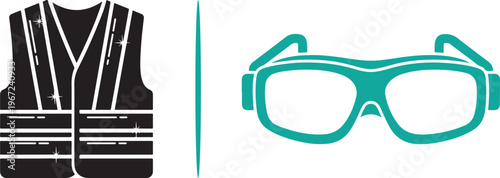 Industrial safety equipment set featuring a high-visibility reflective vest and protective goggles in a clean vector style, perfect for construction and occupational health and safety themes.
