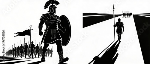 Silhouetted Warrior Leading March of Soldiers with Shield on a Path Towards Battle