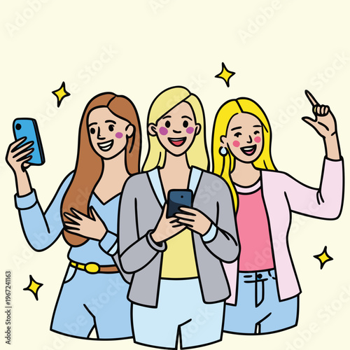 Cartoon women, smiling girls, friends with smartphones, social media users, vector illustration