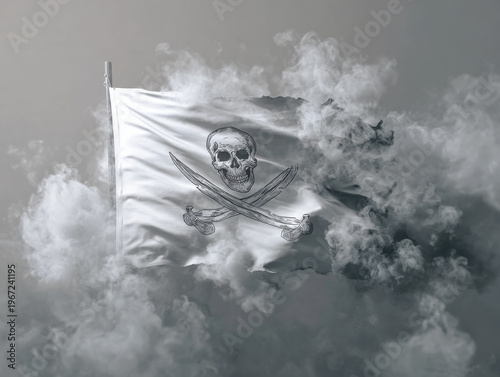 Ominous Jolly Roger Pirate Flag Illustration: Skull and Crossbones Against Mystical Clouds - Iconic Maritime Adventure on the High Seas