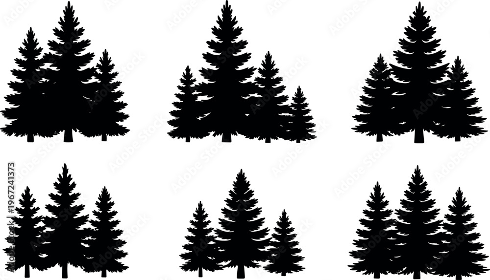 Obraz premium Pine tree silhouettes collection with forest elements, evergreen trees set, nature landscape illustration, black vector icons, woodland design concept