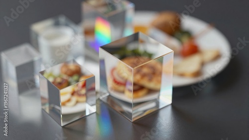 Transparent Cubes Reflecting Light and Casting Shadows on Breakfast Plate with Colorful Food