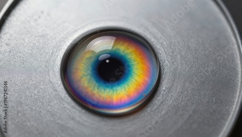 Close Up Macro View of a Colorful Eye Lens with Rainbow Iris Patterns and Metallic Surface
